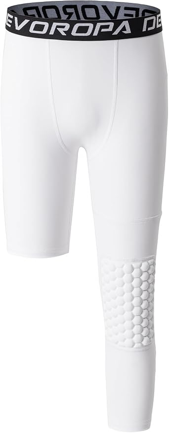 DEVOROPA Youth Boys Compression Pants with Knee Pads 3/4 Basketball Athletic Tights Quick Dry Sports Workout Leggings