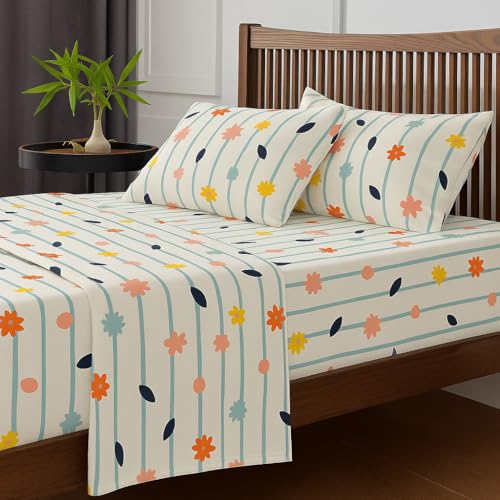 Image of King Size Bedsheet - Ray of Flowers Print - 108 x 108 Inches - Brushed Microfiber Flat Sheet with Pillow Covers - Soft, Cooling, Wrinkle & Fade Resistant