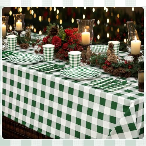 Image of Funnymoom 452 Pcs Green Gingham Party Supplies for 50, Dark Green Plaid Checkered Paper Plates Napkins Cups Tablecloth Cutlery Straws for Holiday Birthday Baby Shower Party Decoration