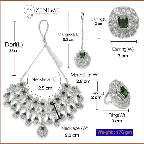 Image of ZENEME Rhodium-Plated American Diamond Studded Tasselled Necklace With Earrings Ring & MaangTikka Jewellery Set For Girls and Women