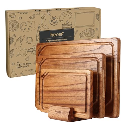 hecef 3-Piece Wooden Chopping Board Set with Stand Durable Reversible Cutting & Serving Boards with Juice Grooves Built-in Handles Easy to Clean Ideal Gift for Kitchen Housewarming or Wedding