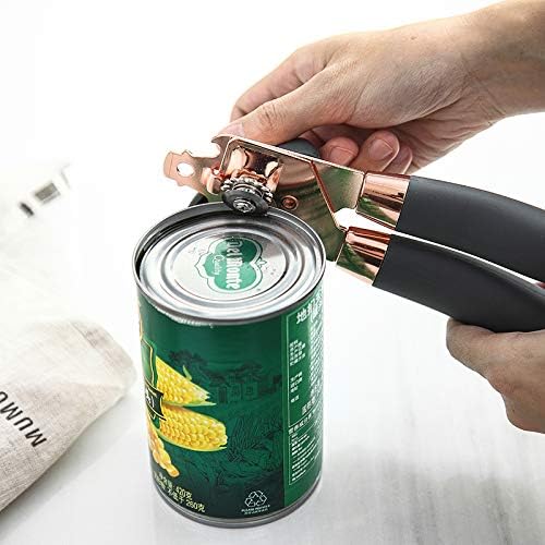 Miniatura 5 de KAISHANE Abrelatas manual de acero inoxidable de oro rosa con asas antideslizantes negras y perilla grande con abrebotellas integrado (gris)
