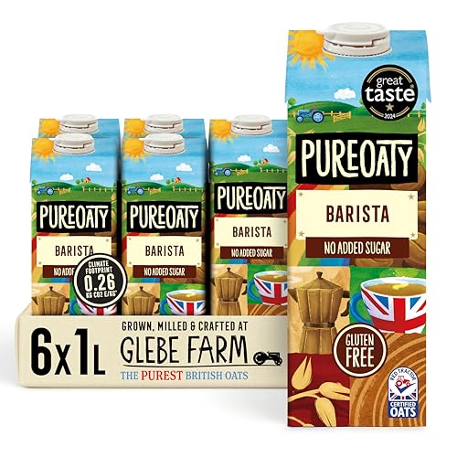 Glebe Farm Gluten Free PureOaty Barista Grade No Sugar Dairy Free Coffee Creamer & High Protein Vegan Milk Made With 100% British Oats Plant Drink 6 x 1 Litre
