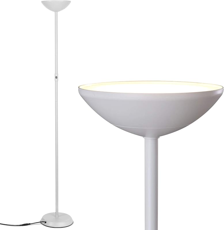 Brightech SkyLite Lámpara de pie LED, Torchiere Lámpara de pie súper brillante para salas de estar y oficinas - Lámpara de antorcha alta regulable de 3 vías, lámpara de poste de pie de alto lumen para lectura de dormitorio - Blanco