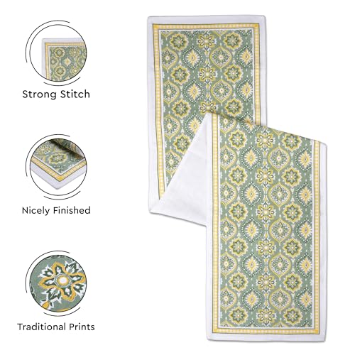 Image of Encasa XO Dining Table Runner for 4 to 6 Seater | Sage-03 Block Printed Cotton Canvas | 32x183 cm | Jaipur Sanganeri Hand Print