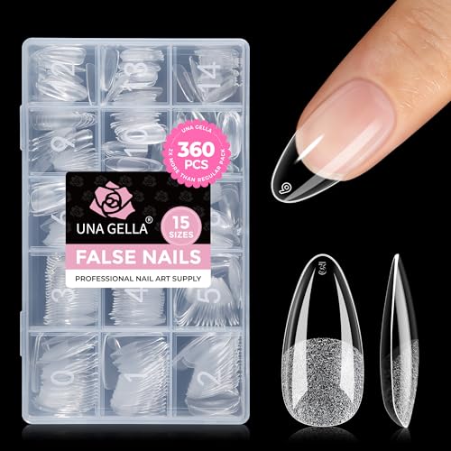 UNA GELLA Almond Nail Tips 360Pcs 15 Sizes No Filing Needed Soft Gel Medium Almond Nail Tips Clear Full Cover Pre-Etched Fake Nails Soak Off Acrylic Extensions for DIY Manicure