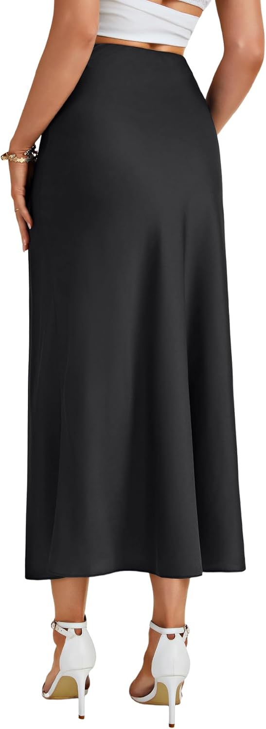 Rooscier Women's Satin Silky High Elastic Waist A Line Flowy Elegant Long Skirt - Image 5