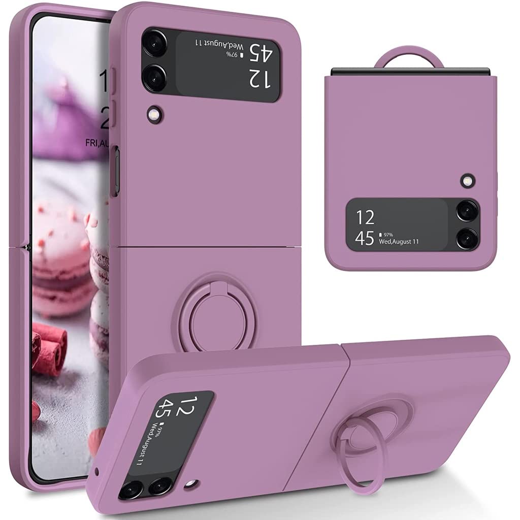 Keyihan Cover Compatibile con Samsung Galaxy Z Flip 4 con Supporto Anello a 360°Lanyard Cinturino da Polso Silicone liquido morbido Custodia Antiurto AntiGraffio Flessibile Slim (Sakura Purple)