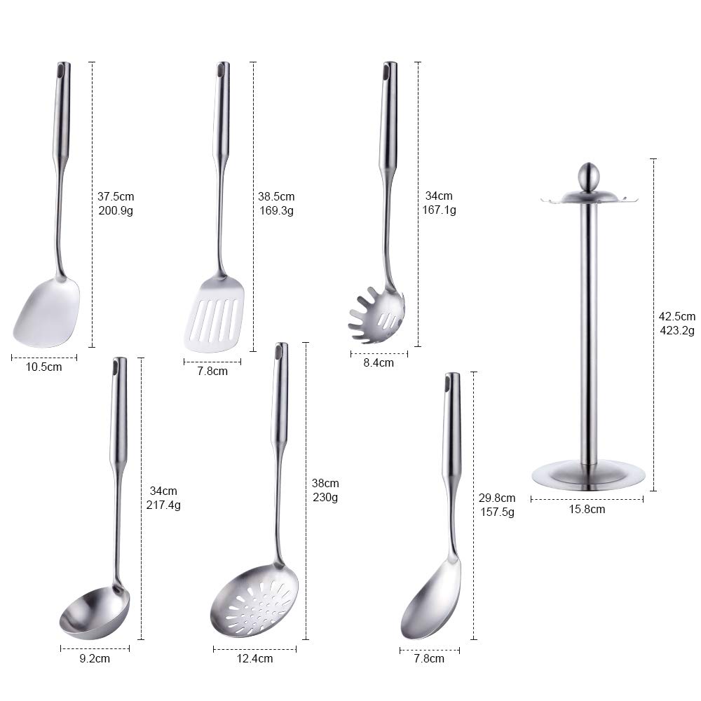 Ustensiles de cuisine 6 pièces acier inoxydable Écumoire Louche Spatule de Cuisine Tourneur à fente Riz Pasta Server avec support