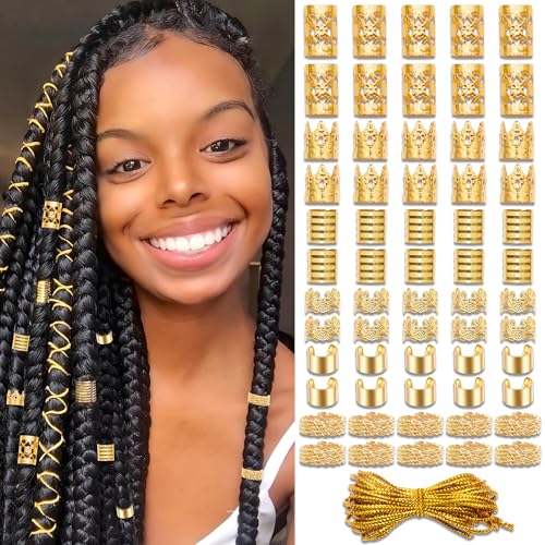 Image of VENOFEN 60PCS Gold Hair Cuffs for Braids Dreadlock Hair Strings Braid Clips Adjustable Non-Piercing Ear Clips Loc Accessories for Women and Girls