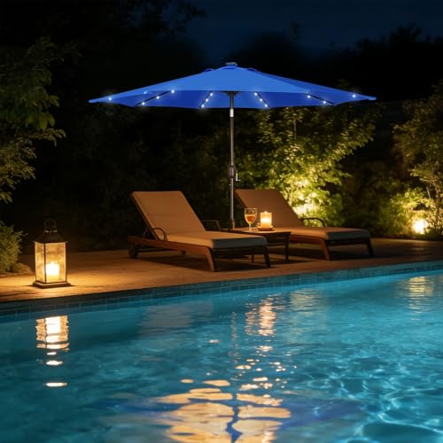 Image of Blissun 9 ft Solar Umbrella, Patio Umbrella with 32 LED Lights, Table Market Umbrella, Outdoor Umbrella for Garden, Deck, Backyard, Royal Blue