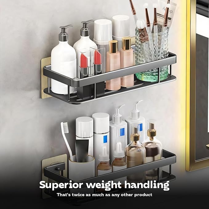 Image of Self Adhesive Bathroom Organiser Without Drill, Stainless Steel Wall Shelf Rack, Kitchen Sink Organizer, Bathroom Storage Holder, Waterproof Rustproof Shelf (Black, Pack of 1)