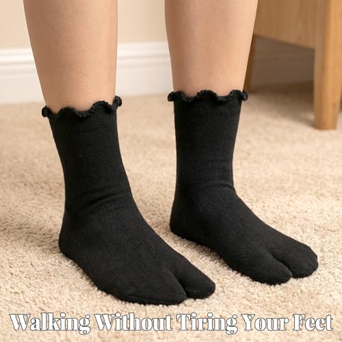 Aysatogc Tabi Socks Women Split Two Toe Socks Japanese Toes Separated Sock Ruffle Frilly Sports Casual Sock for Men Women Unisex(Grey,3 Black&White&Grey)
