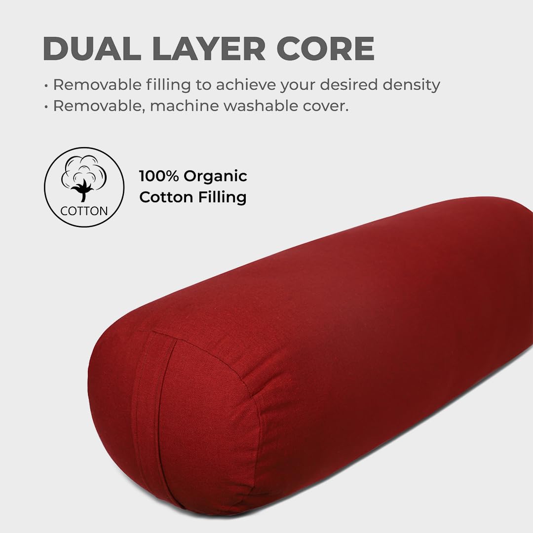 MeFree Cotton Yoga Bolster – 100% Organic Cotton Cover, 73"x24" – Ideal for Restorative Yoga & Meditation, Removable Washable Cover with Carry Handle (Maroon) 2