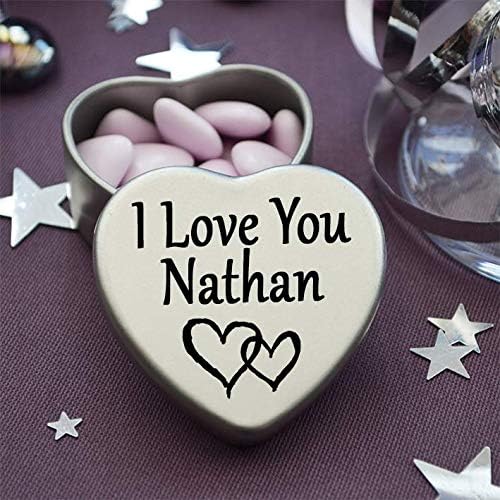 I Love You Nathan Mini heart shaped silver gift tin filled with mini chocolates. Great as a birthday present or a gift to show someone special how much you love them