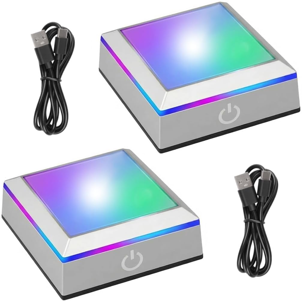 2PCS Square LED Light Base, Multicolor LED Light Crystal Display Stand Base 6 Lighting Modes, Square Led Display Pedestals for 3D Crystals Glass Art Statues, Sensitive Touch Switch Concave Surface