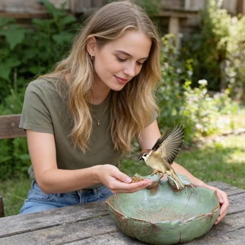 Bain d'oiseaux extérieur décoratif avec pot de fleurs en céramique - 3