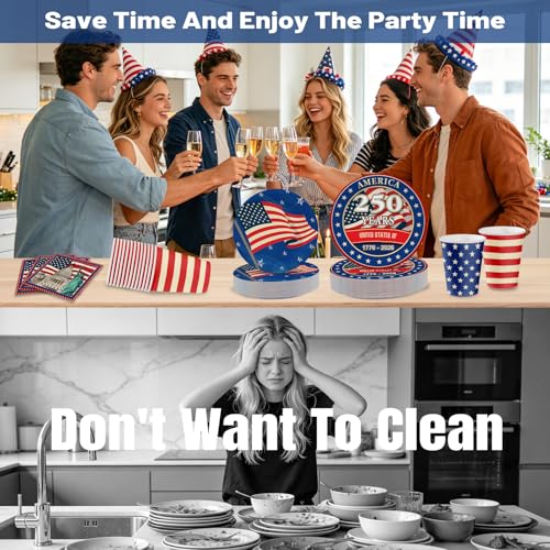 Hiboss 104PCS 4th of July Decorations 250th Anniversary Patriotic American Flag Party Supplies, Red & Blue Disposable Paper Plates Napkins Cups for Independence Day, Memorial Day, Serves 26 — view 5