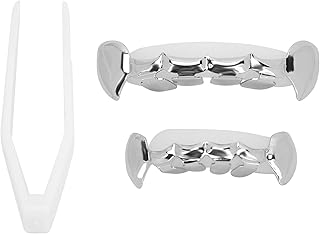 Vergoldete Grillz, Zahnspange Dekoration, Halloween Zähne mit 2 Silikonformleisten Verschiedene 3 Farben Gefälschte Zahnspange für Halloween Partys/Hip Hop Fashion Shows/Musikkonzerte(Silber)