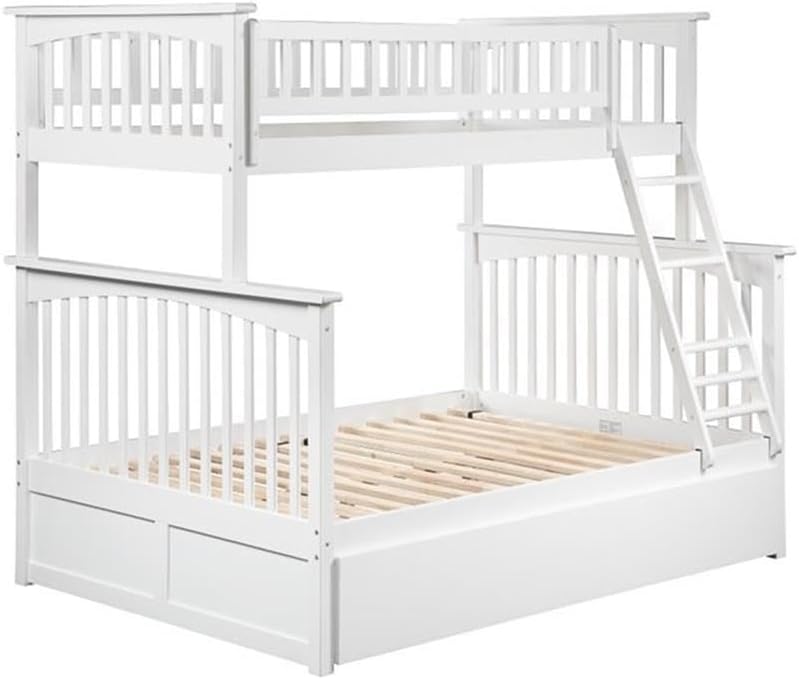 Pemberly Row Twin Over Full Bunk Bed, Solid Wood, White Finish, 80.5 x 58.38 x 68.13 in, Trundle with 8 in Mattress Capacity, USB Charger, Space-Saving Design, Convertible Kids or Guest Room Furniture