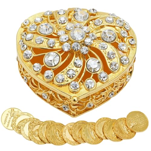 Jowgut Wedding Arras Coins Set Arras Para Boda Catolica Gold Heart Shaped Box with 13 Virgien of Guadalupe Coins Decorative Rhinestone Box Wedding Accessories for Ceremony