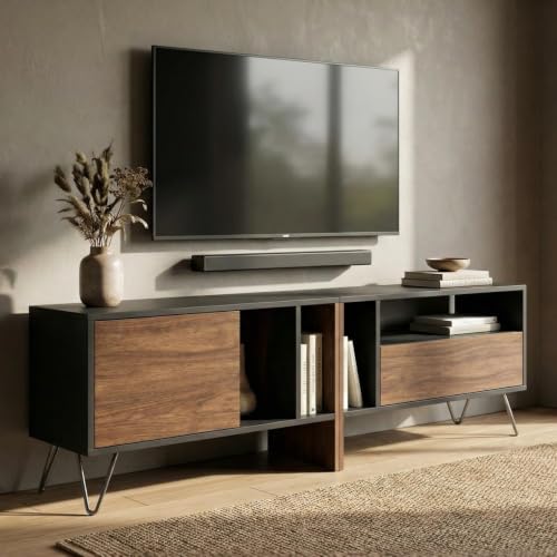 Image of FFO TV Unit, TV Cabinet 180 cm 6ft | TV Unit 75 Inch+ for Living Room | Black TV Stand Wooden with Metal Legs TV Console | TV Cabinet with Storage | TV Console Unit for 43, 55, 65, 75 Inch TVs | DIY.