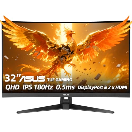 Image of ASUS TUF Gaming 31.5 inch Curved HDR Monitor - QHD (2560 x 1440), 180Hz, 0.5ms, 1500R, Fast IPS, ELMB, AMD FreeSync, 90% DCI-P3, Low Blue Light, DisplayPort & 2 x HDMI, Tilt, VESA, Black