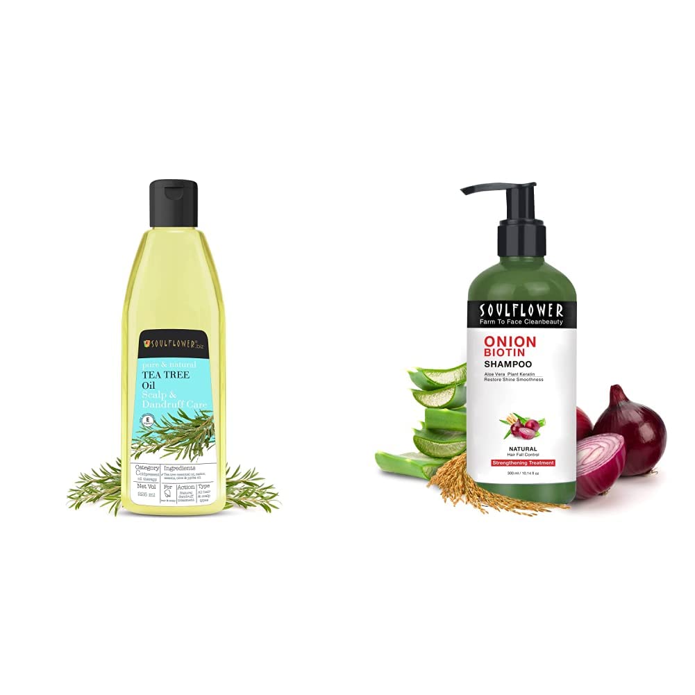 Soulflower Tea Tree Hair Oil | Tea Tree Essential Oil, Castor, Sesame, Olive & Jojoba Oil | 225ml and Soulflower Onion Biotin Shampoo Aloevera, Plant Keratin, Reetha, Shikakai & Neem | 300ml