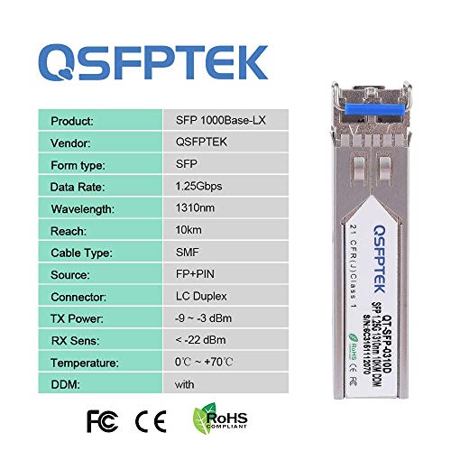 Image of QSFPTEK 1.25G SFP Gigabit Module, 1000BASE-LX /LH Fiber 1310nm 10km DDM Single-Mode LC Mini-GBIC Transceiver for Arista SFP-1G-LX, Supermicro, Netgear