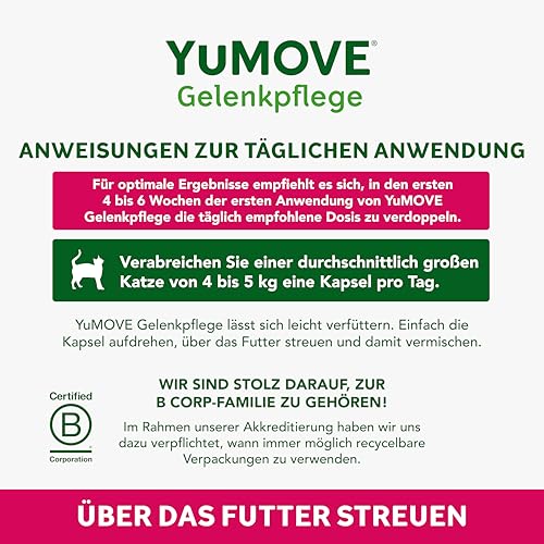 YuMOVE Grünlippmuschel Katze Gelenkkapseln - 60 Kapseln - Für Katzen ab 8 Wochen - Beweglichkeit und Gelenkkomfort - Mit Grünlippmuschelextrakt und Gelenk-Komplex Katze für aktive Unterstützung
