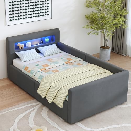 Yrxin Cama tapizada para niños de 90 x 200 cm, cama juvenil con espacio de almacenamiento hidráulico, luz nocturna LED y conexión USB, tela de terciopelo, gris, sin colchón