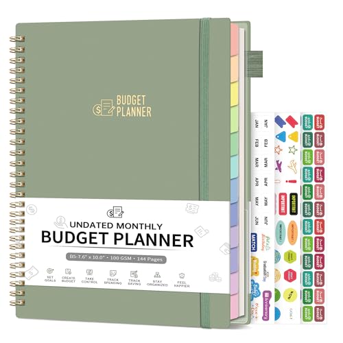 Budget Planner - Monthly Budget Book for Daily Expense Tracking, Business, Debt, Savings, B5 (7.3" x 10.15") Undated Financial Planner with Colorful Tabs Manages Your Money Effectively, Light Green