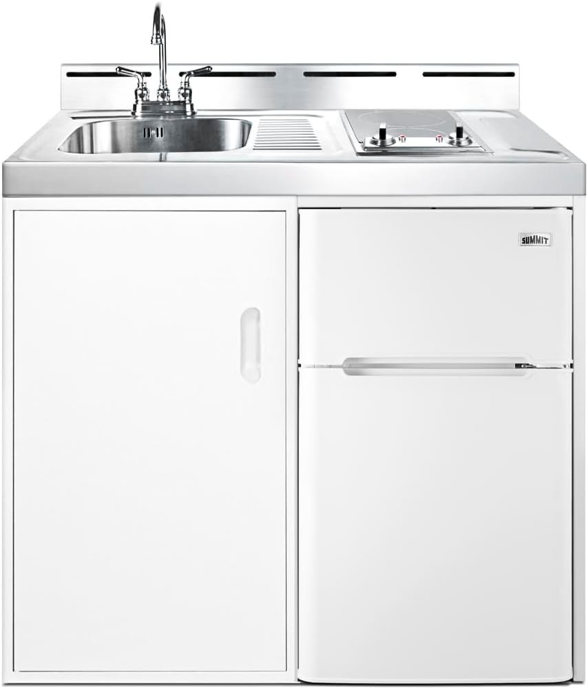 Summit 39" Wide All-In-One Kitchenette, 2-Door Refrigerator-Freezer, 2-Burner Smoothtop Cooktop, Sink, Storage, White- C39ELGLASS