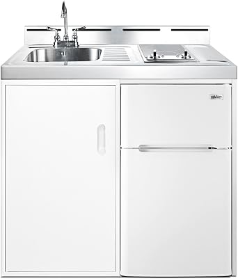 Summit 39" Wide All-In-One Kitchenette, 2-Door Refrigerator-Freezer, 2-Burner Smoothtop Cooktop, Sink, Storage, White- C39ELGLASS