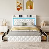 Queen Bed Frame with LED Lights & Charging Station, Upholstered Bed Frame Queen Size with Storage Headboard & 4 Drawers, Diamond Tufted, Curved Wingback, PU Leather, No Box Spring Needed, White