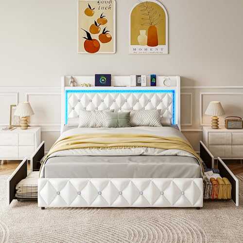 Image of Full Bed Frame with LED Lights & Charging Station, Upholstered Bed Frame Full Size with Storage Headboard & 4 Drawers, Diamond Tufted, Curved Wingback, PU Leather, No Box Spring Needed, White