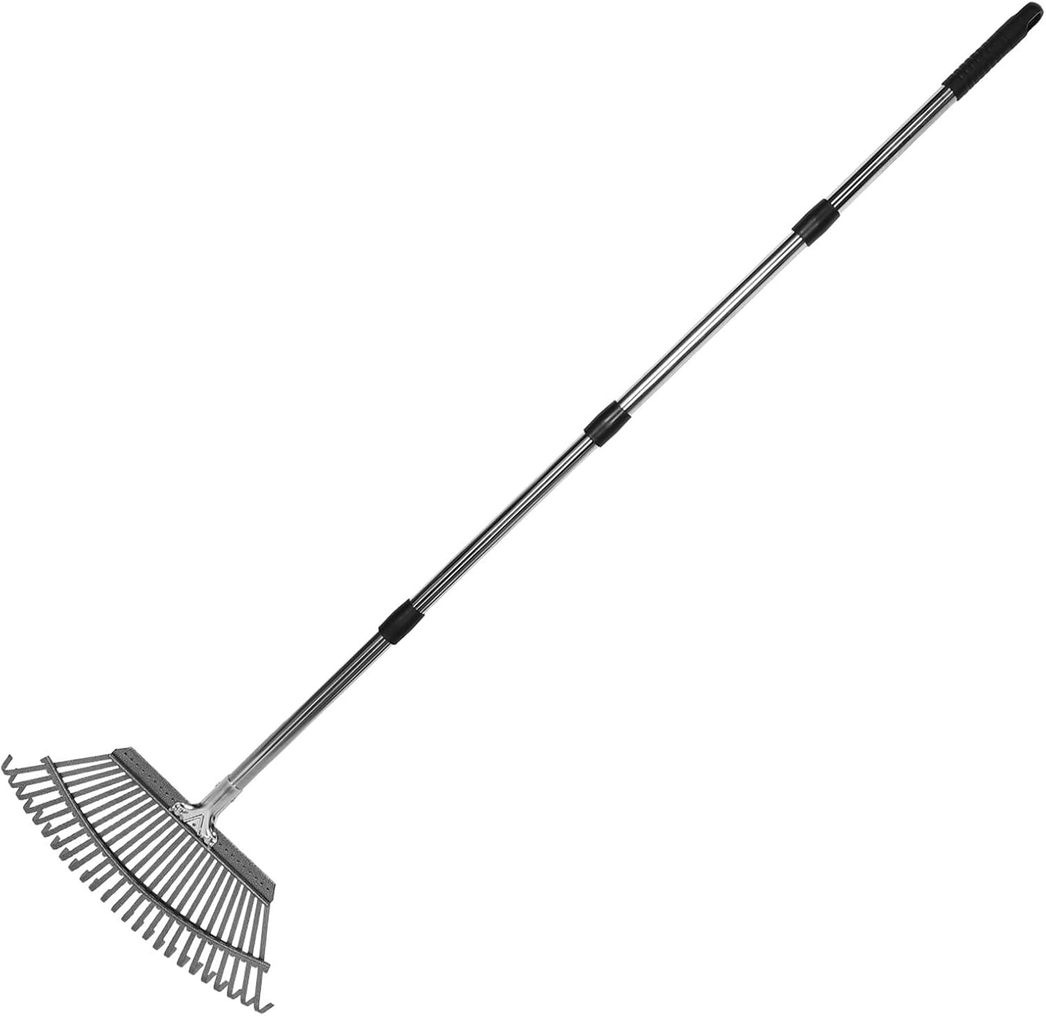 Milisten Heavy Duty 25-Tooth Stainless Steel Garden Rake with Multi-Section Steel Handle for Leaf Gathering, Soil Loosening, and Flower Bed Cultivation