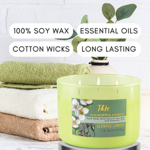 Stress Relief Aromatherapy Candle For Men & Women - Eucalyptus Jasmine 3 Wick Candle With Lavender, Mandarin & Balsam - Strong Scented Candles For Home 15.8 Oz - Natural Soy Candles, Eucalyptus Candle #TOP2