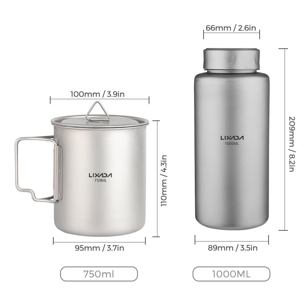 Walmeck Bouteille d'eau en Titane 1L avec Tasse d'eau de 750ml, Bouteille de Sport étanche pour Le Camping en Plein Air, la Randonnée et la Randonnée