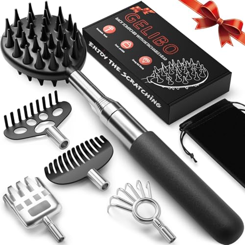 Gelibo Telescoping Large Back Scratcher with 5 Detachable Heads,Rubber Handles Gifts for Him, Gifts for Men, Extendable Back Massager Tool with Beautiful Box