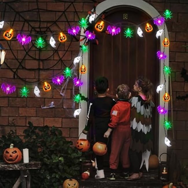 20FT 40LED Halloween Lights Outdoor Indoor Pumpkin Bat Spider Ghost Halloween String Lights Battery Operated, 8 Light Modes Waterproof Fairy Lights Decorations for Home Yard Window Party Outside Decor