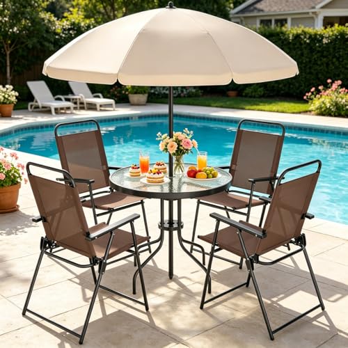 Shintenchi 6 Piece Outdoor Patio Furniture Set Small Outdoor Patio Dining Table and Chairs Set Outdoor Seating with Umbrella for Backyard Balcony Front Porch Light Brown