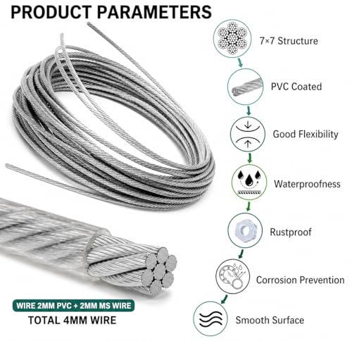 Image of Heavy Duty 4MM PVC Coated Wire Rope Kit | 7x7 GI Steel Cable with Snap Hooks, U Clamps & Turnbuckle | Rustproof Clothesline Wire for Balcony, Gym & Outdoor Use (10 Meter /32.8 Feet)