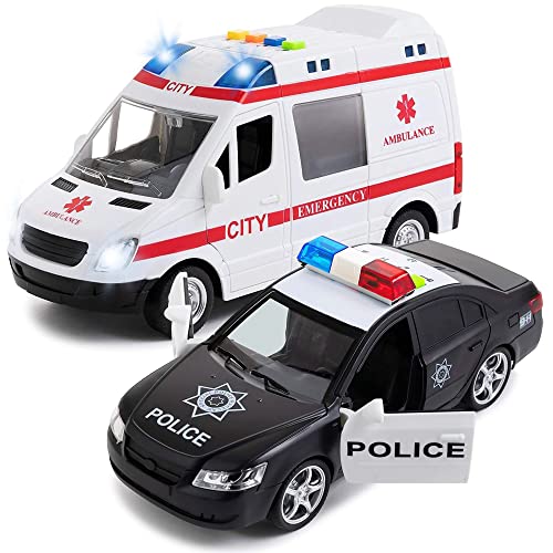 Toy To Enjoy Police & Ambulance Car Set Toys for Kids, Boys & Toddlers. Friction Powered, with Lights and Sirens. Emergency Rescue First Responder Vehicle Toy Set. Best Gift for Birthday and Holidays