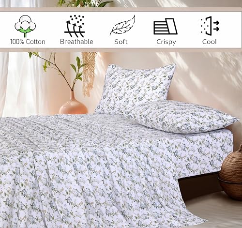 RUVANTI 100% Cotton King Size Sheets Set, 4 Pieces, Soft & Breathable Percale Weave Bedding, Deep Pocket 16", Hotel Standard, Crisp Cool Feel, Durable, Perfect Floral Bed Sheet, Heritage