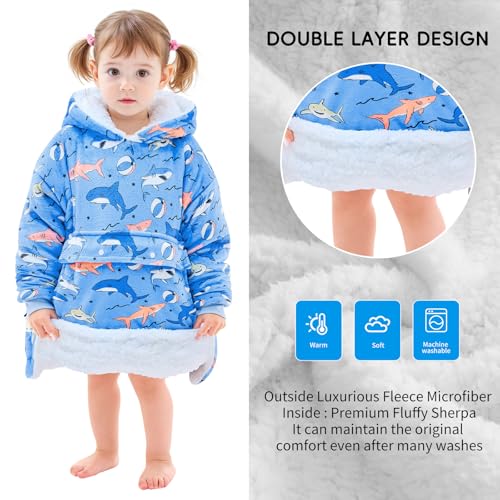 yescool Glow in The Dark Wearable Blanket Hoodie for Kids Toddlers 2-6YR Old Gifts, Oversized Blanket Sweatshirt with Sherpa for Christmas Thanksgiving Birthday Gifts, One Size, Shark