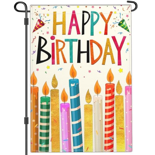 Cuiliqun Happy Birthday Garden Flags for Outside 12x18 Inch Double Sided 3Ply Polyester Birthday Cake Garden Flag Suitable for Outdoor Birthday Party Yard Signs Becoration