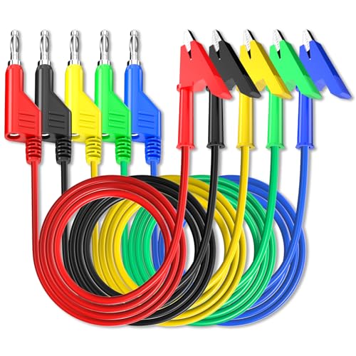 Cleqee 5PCS Stackable 4mm Banana Plug to Crocodile Clip Test Leads 3.3ft/1m Soft Flexible Cable Wire Alligator Clip Test Clamp for Electrical Testing 5 Colours