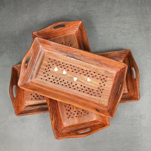 Image of Wooden Breakfast Trays Made of Natural Wood in a Modern Style with Cutout Handles for Food in Large, Medium, and Small Brown (Set of 3)