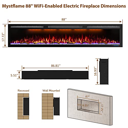 Image of 88-Inch WiFi Electric Fireplace, 5.51-Inch Deep Recessed or Wall-Mounted Heater, 1500W, 6 Flame and 13 Ember Colors, Tuya App, Alexa, Google Home, Remote
